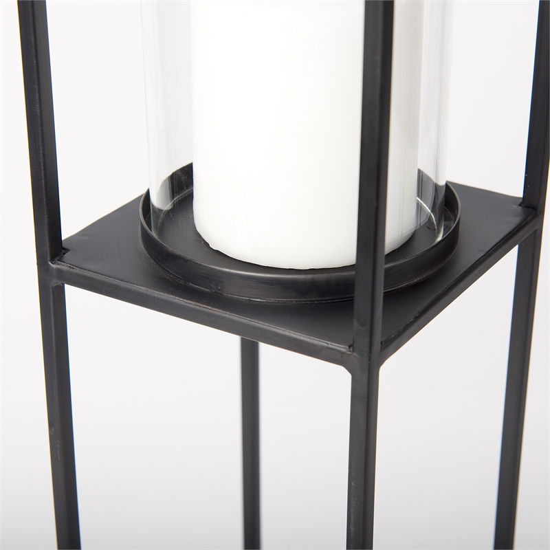 Mercana Cindy Matte Black Metal Glass Pillar Tabletop Candle Holders in Set Of 2