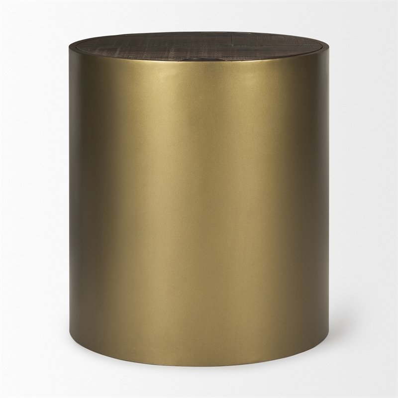 Mercana Eclipse Gold Metal Drum Base W/ Dark Brown Wood Top End/Side Table