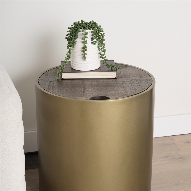 Mercana Eclipse Gold Metal Drum Base W/ Dark Brown Wood Top End/Side Table