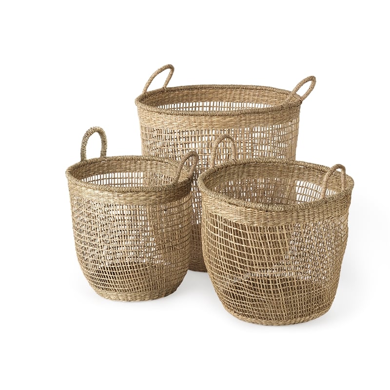 Mercana Medium Brown Seagrass Round Basket W/ Handles in Set Of 3