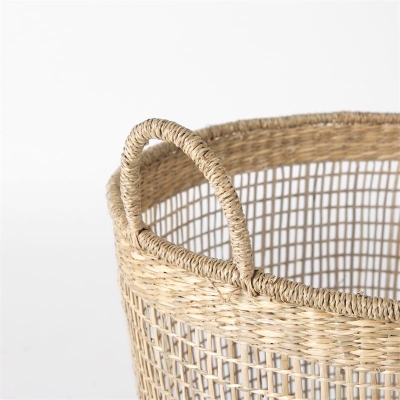 Mercana Medium Brown Seagrass Round Basket W/ Handles in Set Of 3