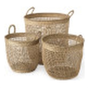 mercana medium brown seagrass round basket w/ handles in set of 3