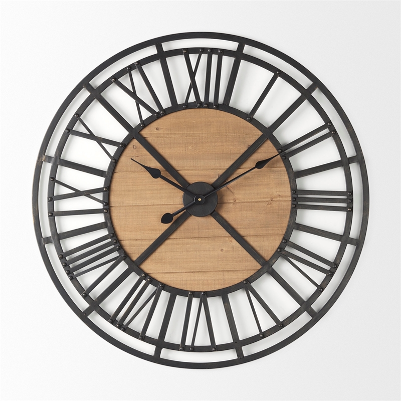 Mercana Lewiston 30.1L X 2.0W X 30.1H Black Iron W/Wood Round Wall Clock