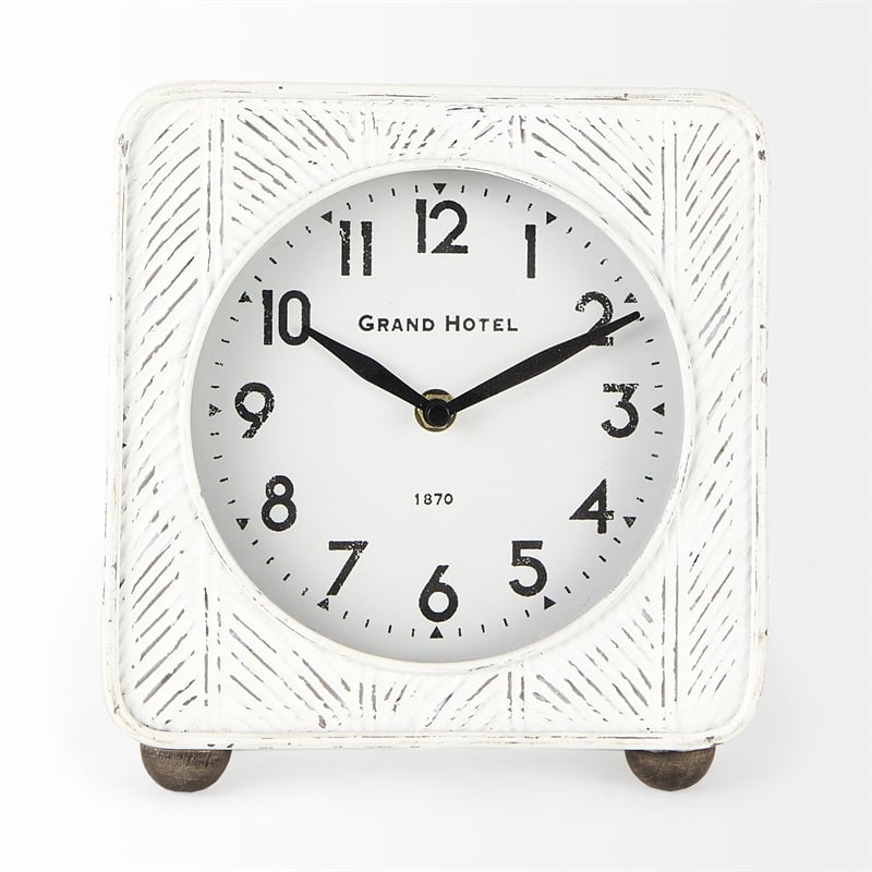 Mercana Karl 8.0L X 2.8W X 8.8H Rustic White Iron Rounded Square Table Clock