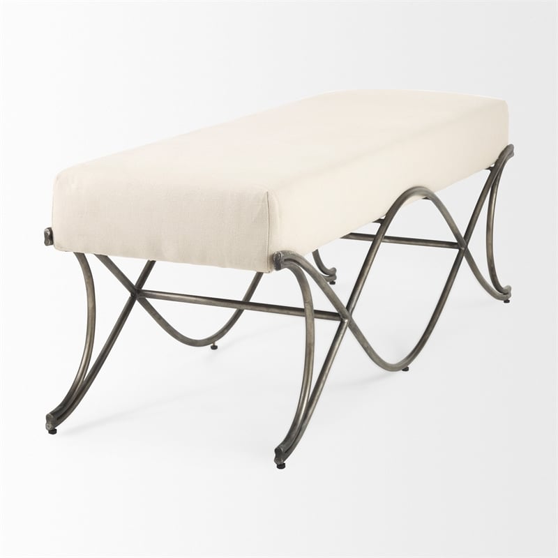 Mercana Ayla Cream Fabric Seat W/ Antique Nickel Frame Bench in Beige
