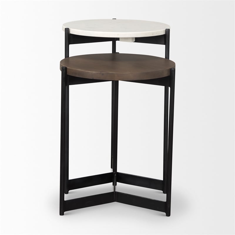 Mercana Larkin Marble & Dark Brown Wood Tabletop Nesting End/Side Table in White