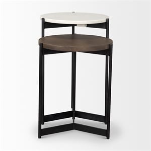 Mercana Larkin Marble & Dark Brown Wood Tabletop Nesting End/Side Table in White
