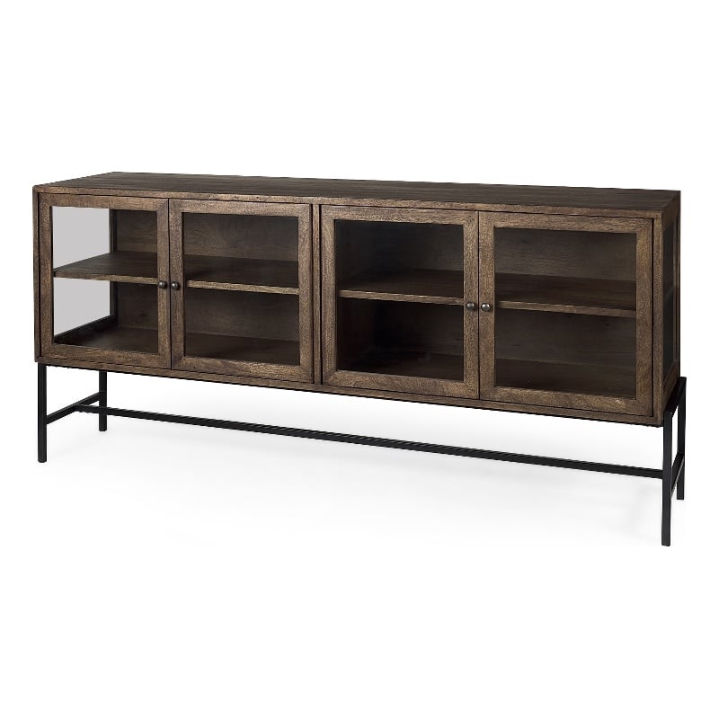 Mercana Arelius Metal Base 4 Glass Door Cabinet Sideboard in Medium Brown/Black