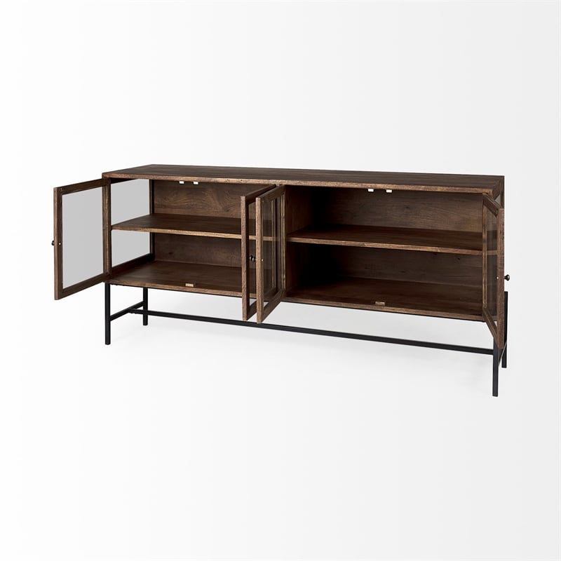 Mercana Arelius Metal Base 4 Glass Door Cabinet Sideboard in Medium Brown/Black