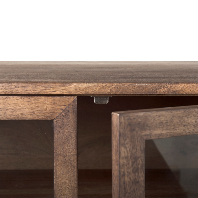 Mercana Arelius Metal Base 4 Glass Door Cabinet Sideboard in Medium Brown/Black