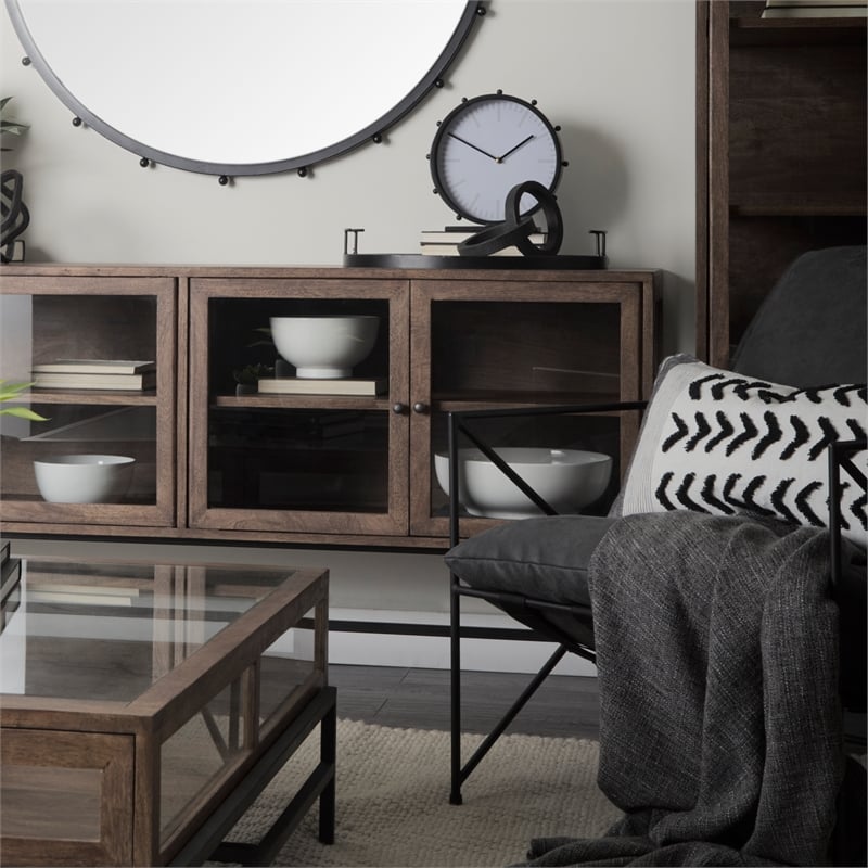 Mercana Arelius Metal Base 4 Glass Door Cabinet Sideboard in Medium Brown/Black