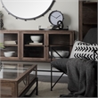 Mercana Arelius Metal Base 4 Glass Door Cabinet Sideboard in Medium Brown/Black