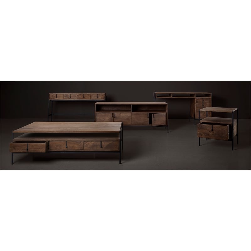 Glenn II Dark Brown Wood Black Iron Frame Rectangle 3 Drawers Coffee Table