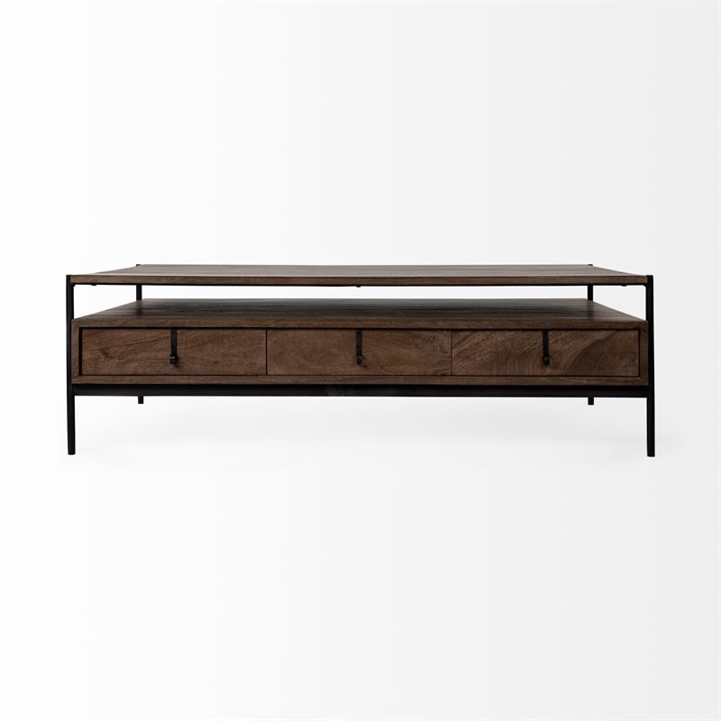 Glenn II Dark Brown Wood Black Iron Frame Rectangle 3 Drawers Coffee Table