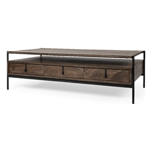Glenn II Dark Brown Wood Black Iron Frame Rectangle 3 Drawers Coffee Table