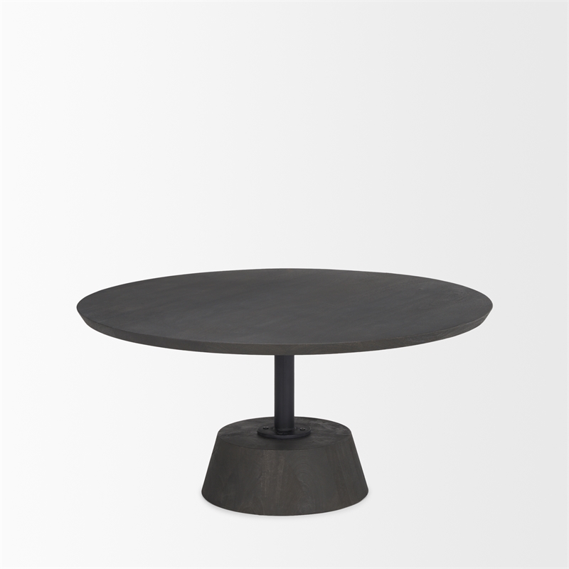 Mercana Maxwell Wood and Metal Pedestal Round Coffee Table in Dark Brown/Black