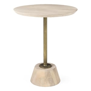 Mercana Maxwell 20&quot Round Light Brown Wood w/ Gold Metal Pedestal Side Table