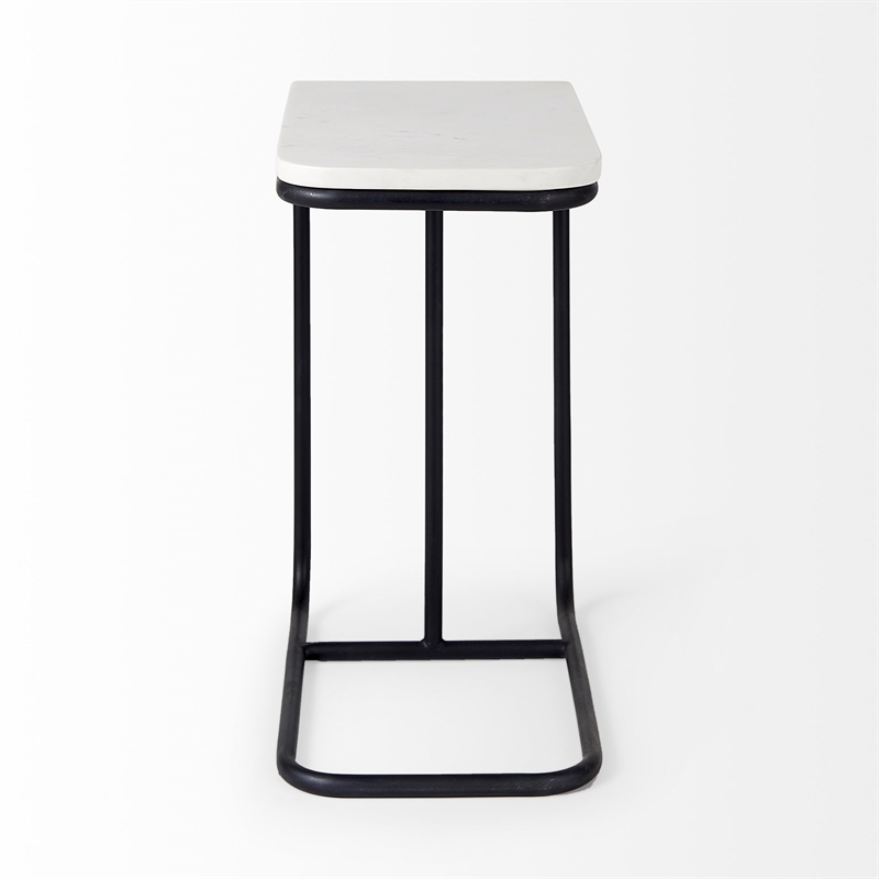 Kyra White Marble Top Black Iron Frame C-Shaped Side Table
