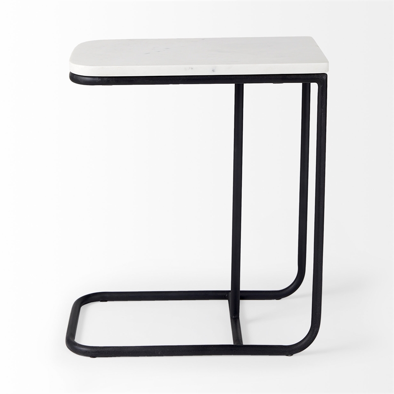 Kyra White Marble Top Black Iron Frame C-Shaped Side Table