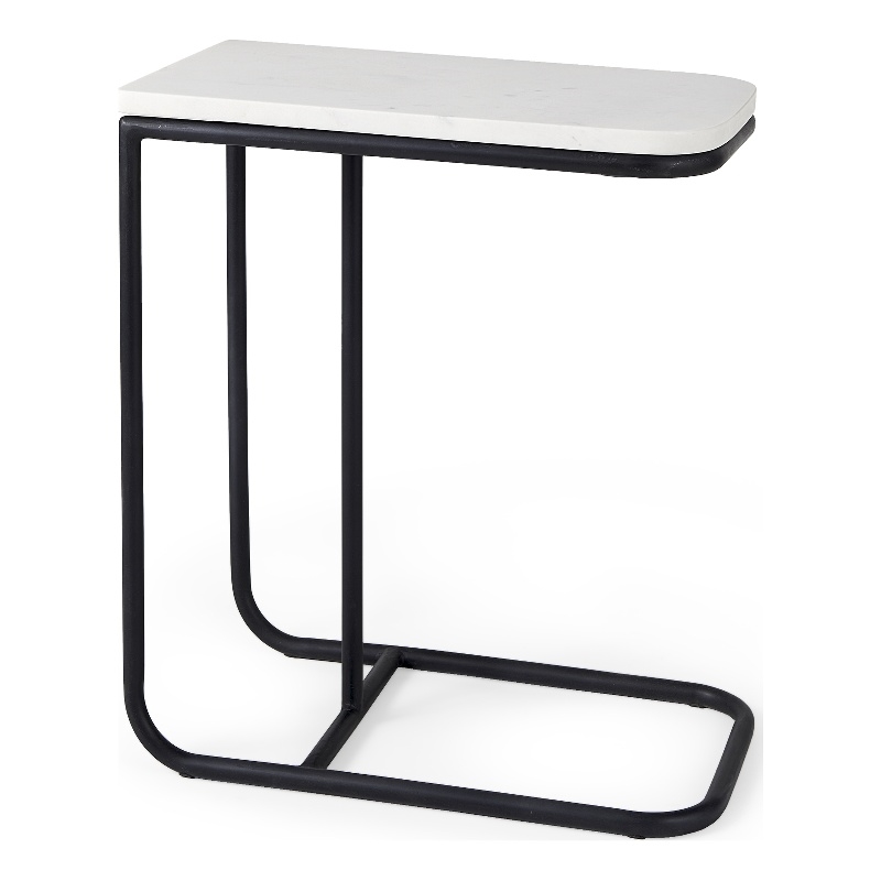 Kyra White Marble Top Black Iron Frame C-Shaped Side Table