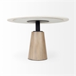 Maxwell White Marble Round Top Black Metal Wood Pedestal Base Dining Table