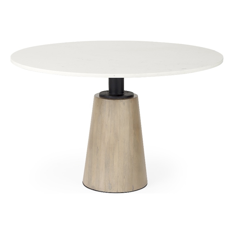 Maxwell White Marble Round Top Black Metal Wood Pedestal Base Dining Table