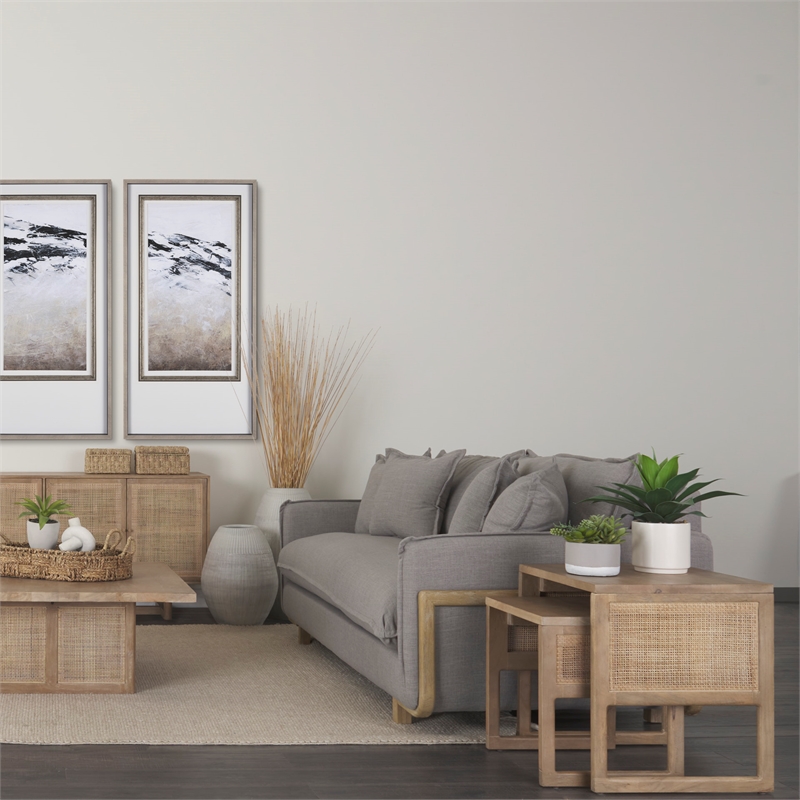 Grier Set of 2 Light Brown Solid Wood w/ Cane Nesting Accent Tables