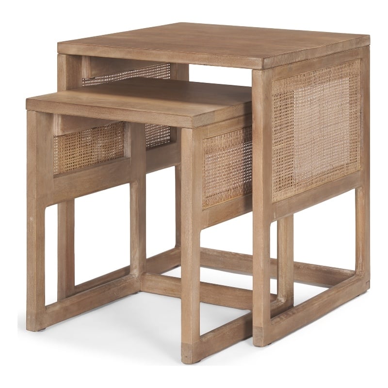 Grier Set of 2 Light Brown Solid Wood w/ Cane Nesting Accent Tables