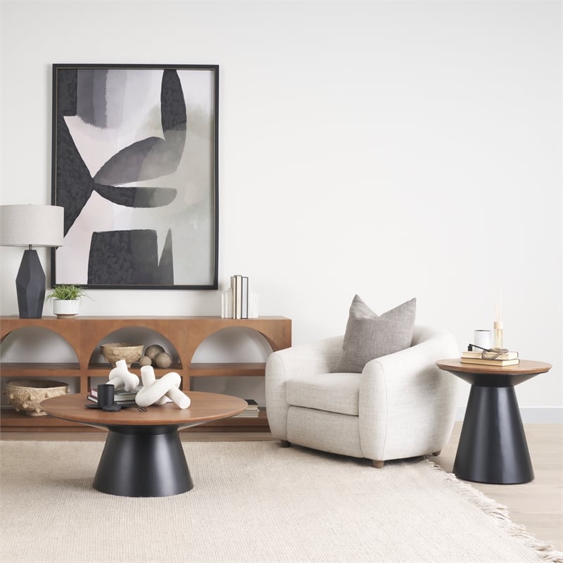 Mitchell Black Metal Pedetal Base with Brown Wood Top Side Table
