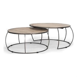 Clapp Round Light Brown White Wash Wood Silver Metal Nesting Coffee Tables