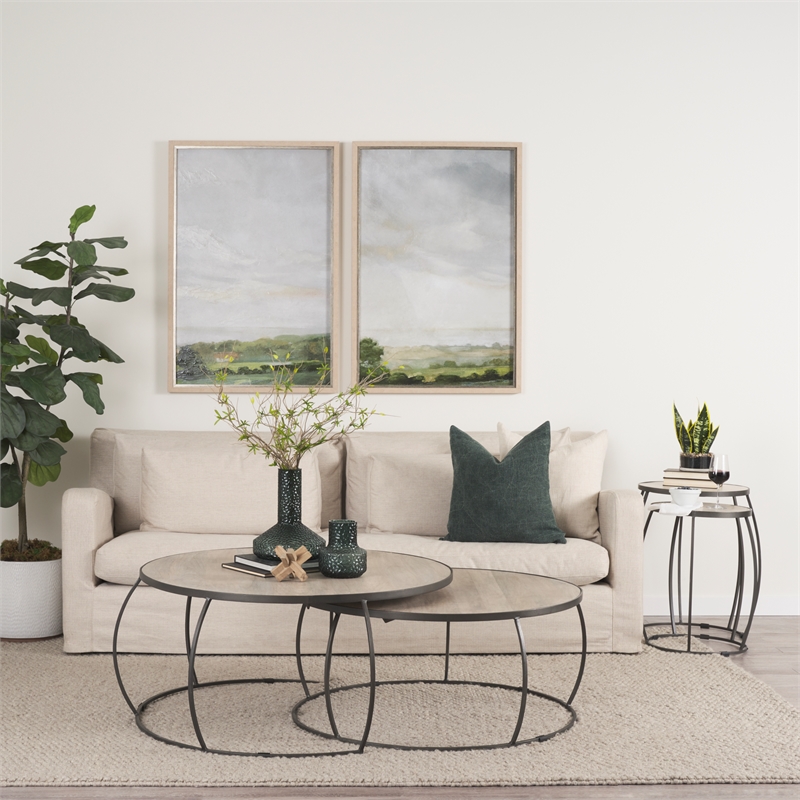 Clapp Round Light Brown White Wash Wood Silver Metal Nesting Accent Tables