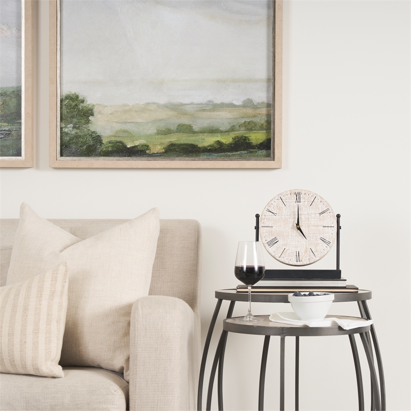 Clapp Round Light Brown White Wash Wood Silver Metal Nesting Accent Tables