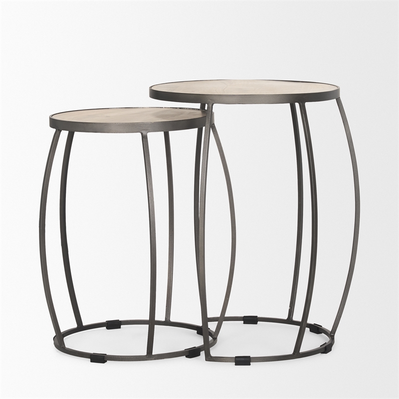 Clapp Round Light Brown White Wash Wood Silver Metal Nesting Accent Tables