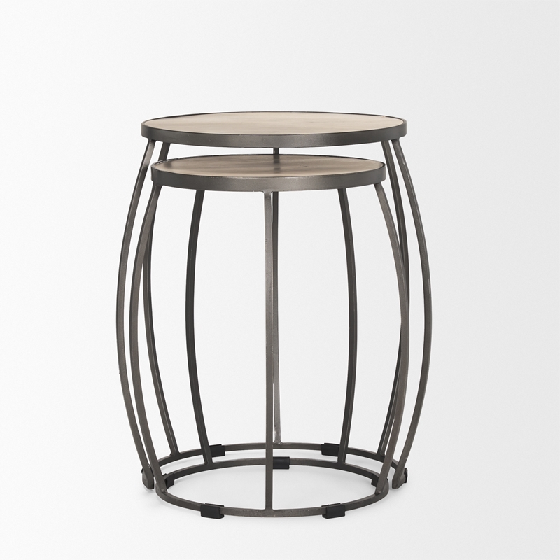 Clapp Round Light Brown White Wash Wood Silver Metal Nesting Accent Tables