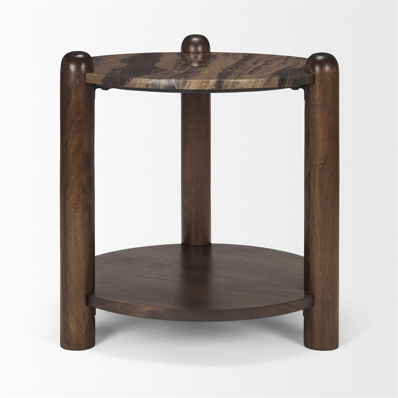Jovia Brown Mango Wood W/ Cappuccino Marble Round Side Table