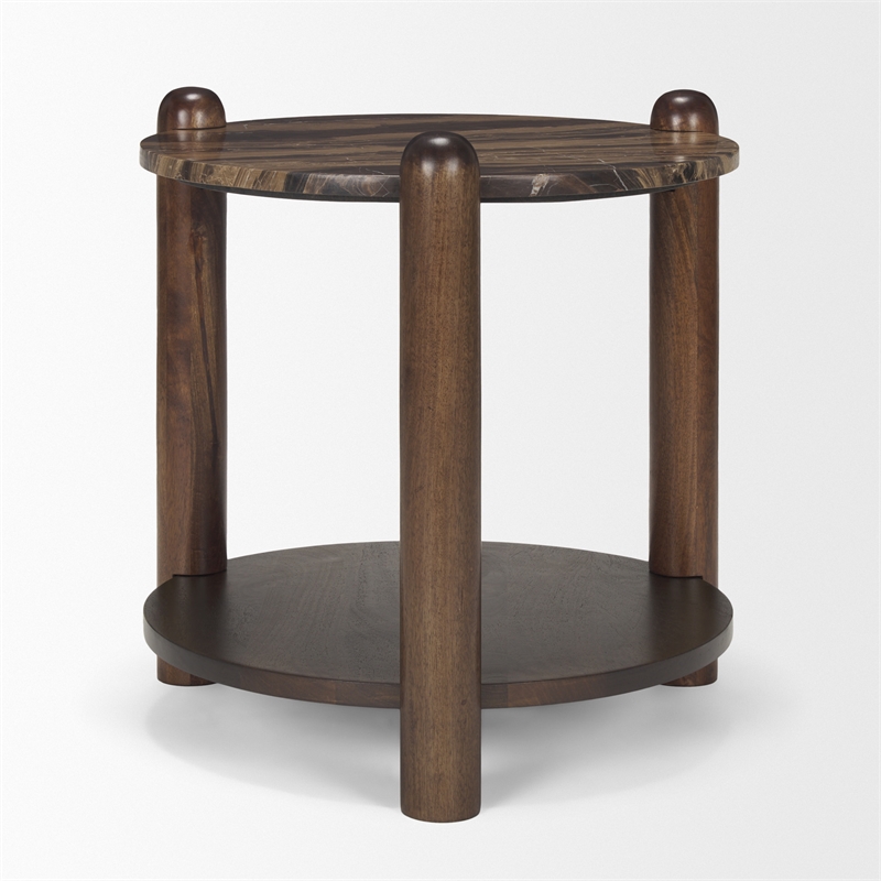 Jovia Brown Mango Wood W/ Cappuccino Marble Round Side Table