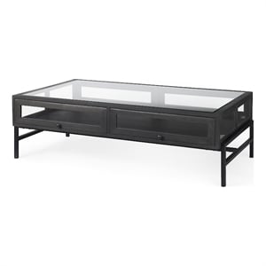 Arelius Rectangular Glass-Top Brown Wood Black Metal Base Coffee Table