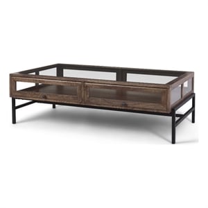 Arelius Rectangular Glass-Top Medium Brown Wood Metal Base Coffee Table
