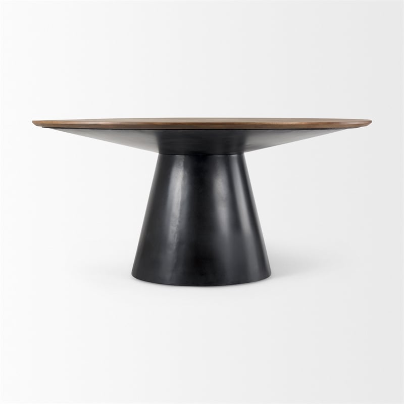 Mitchell Black Metal Pedestal Base Brown Wood Top Dining Table