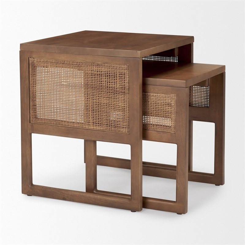 Grier Set of 2 Medium Brown Solid Wood w/ Cane Nesting Accent Tables