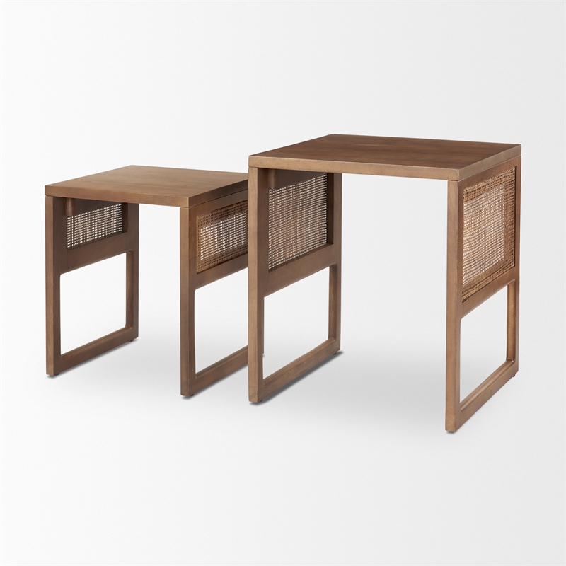 Grier Set of 2 Medium Brown Solid Wood w/ Cane Nesting Accent Tables