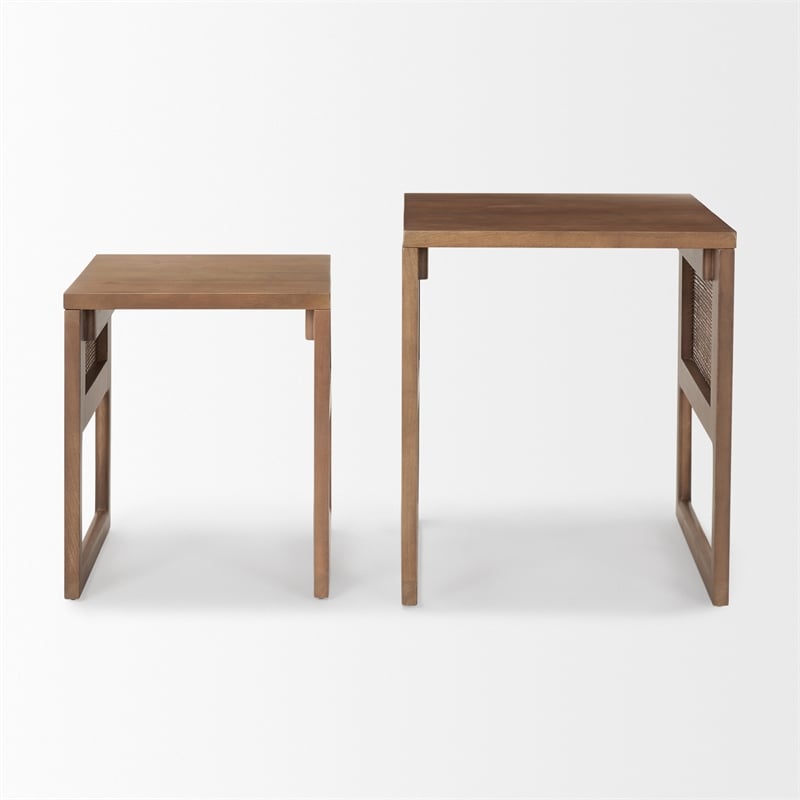 Grier Set of 2 Medium Brown Solid Wood w/ Cane Nesting Accent Tables