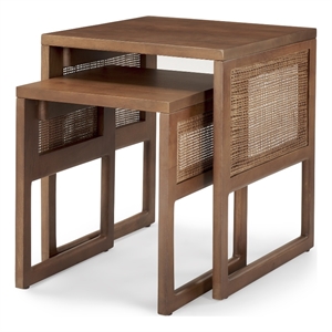 Grier Set of 2 Medium Brown Solid Wood w/ Cane Nesting Accent Tables