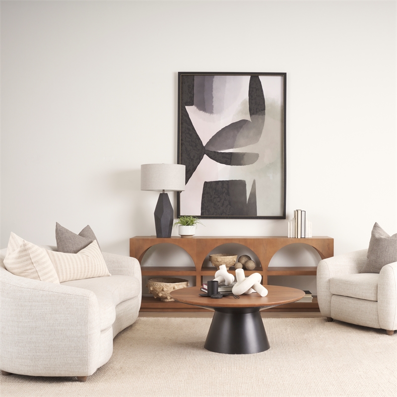 Mitchell Black Metal Pedestal Base with Brown Wood Top Coffee Table