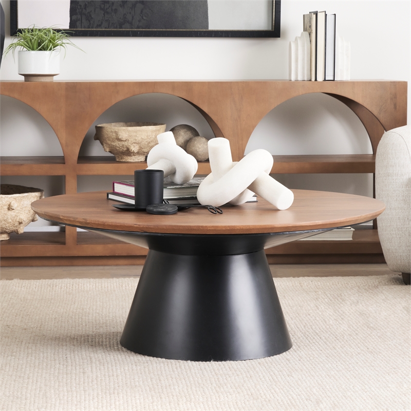 Mitchell Black Metal Pedestal Base with Brown Wood Top Coffee Table