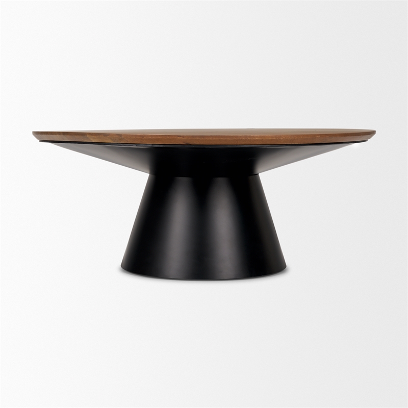 Mitchell Black Metal Pedestal Base with Brown Wood Top Coffee Table