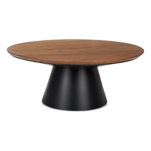 Mitchell Black Metal Pedestal Base with Brown Wood Top Coffee Table