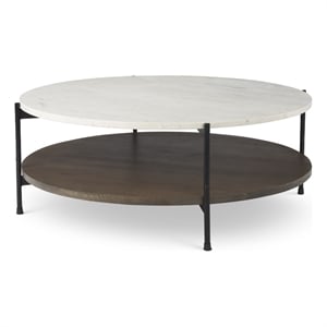 Larkin Round Two-Tier Marble Top Solid Wood Shelf Metal Frame Coffee Table