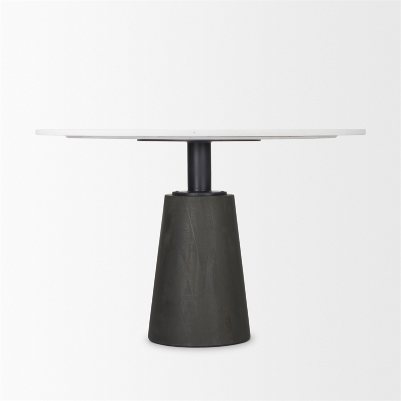 Maxwell Round White Marble Top Black Metal Wood Pedestal Base Dining Table