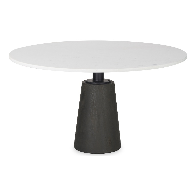 Maxwell Round White Marble Top Black Metal Wood Pedestal Base Dining Table